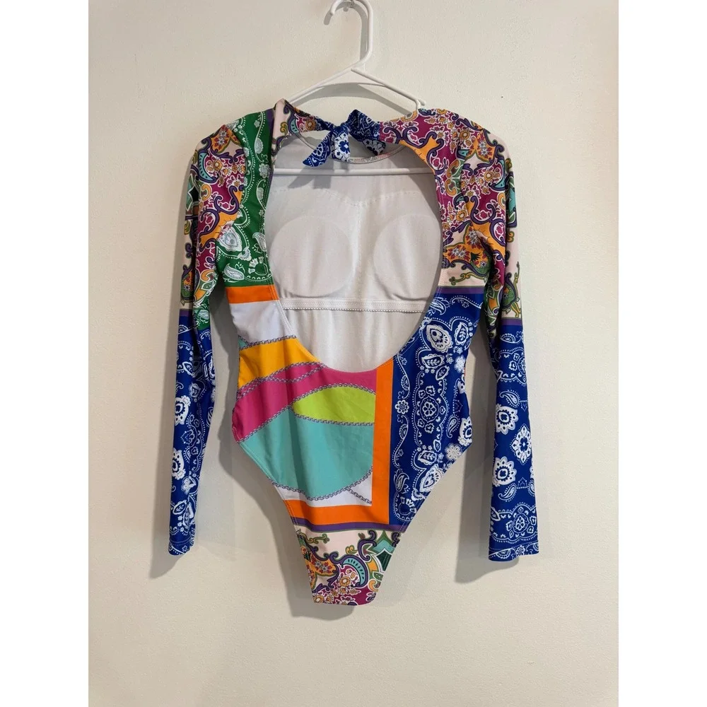 High neck Patchwork Paisley Long Sleeve‎ Swimsuit Womens S Cutout back swimwear